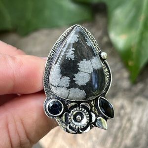 Size‎ 6.25 925 Silver Plated Snowflake Obsidian ring